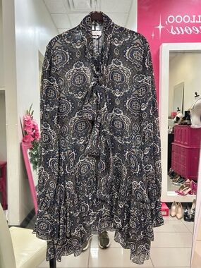 CHLOE Navy Paisley Ruffle Tie-Neck silk Chiffon Blouse